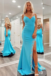 Beaded V-Neck Backless Mermaid Long Prom Dress with Slit
